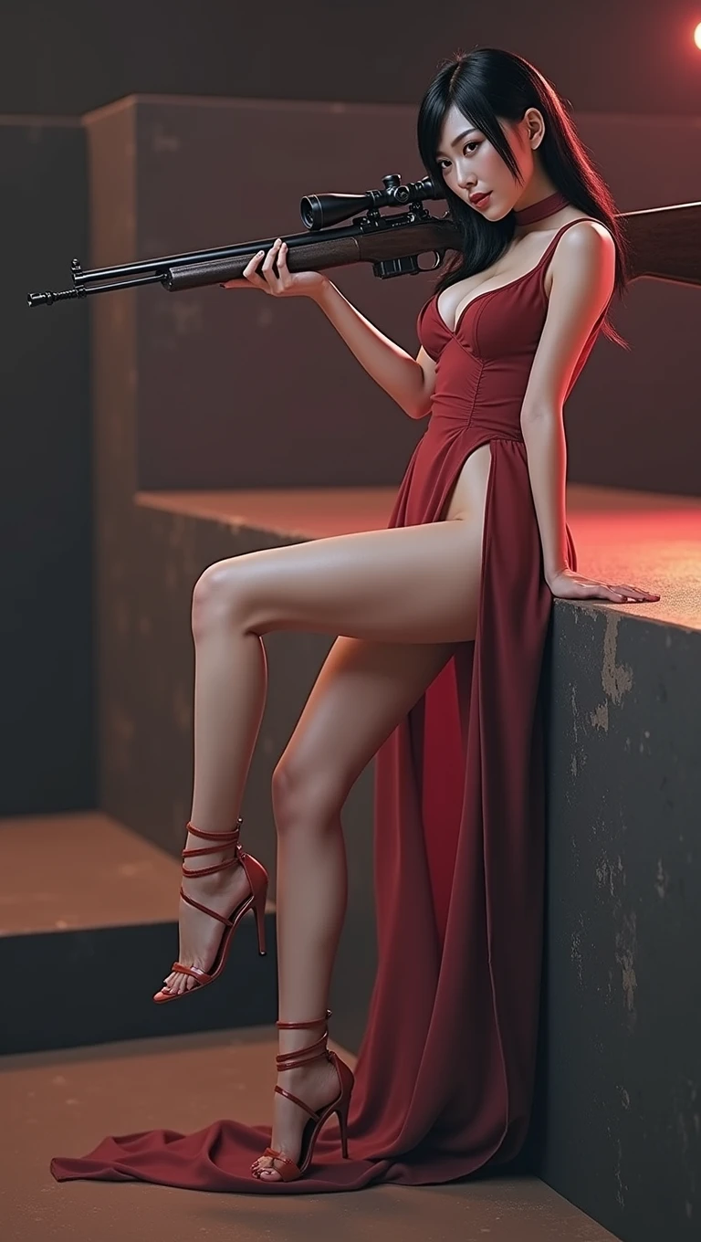 cinematic photography of skinny beautiful China sensual actress Li Bingbing cosplaying as Ada Wong of Resident Evil series. She wear a very very skimpy V-neck red dress with high-slit.  Li Bingbing is also pointing a rifle on a ledge, as she is a high-skilled sniper. Her pose while pointing a rifle is very dashing and sensual, with lifting one leg on the ledge to reveal her crotch and vulva, and her skimpy dress revealing her enormous breast. Cyberpunk art by John La Gatta. Trending on cgsociety. Digital art. Sexy elegant cinematic pose. cgsociety masterpiece. Stunning cgsociety. Ultra sexy pose. cgsociety - w 1 0 2 4 - n 8 - i, red and cinematic lighting, cgsociety )
