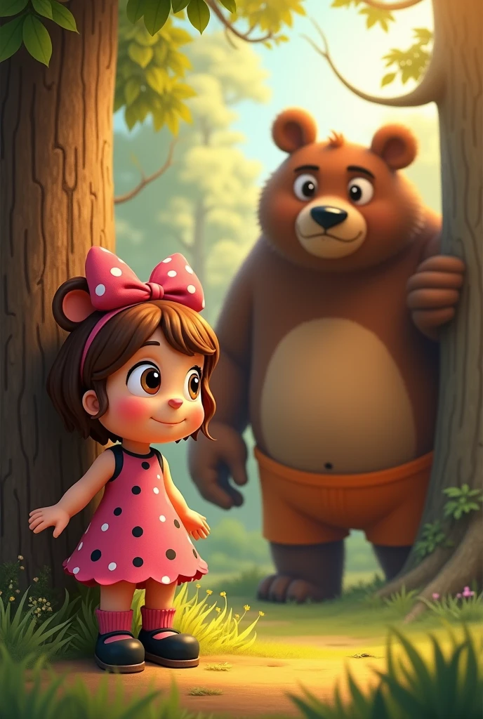 A cover image for a digital book featuring animated bears.
The book tells the story of a bear who tells his daughter Nicoletta how he met her mother. Nicoletta is wearing a pink dress with black dots, a pink bow with black dots, and black shoes with pink socks. They are in a forest, and behind Nicoletta you can see a wooden cabin. Nicoletta's father is hiding behind a tree. He is a muscular animated bear wearing orange clothes.