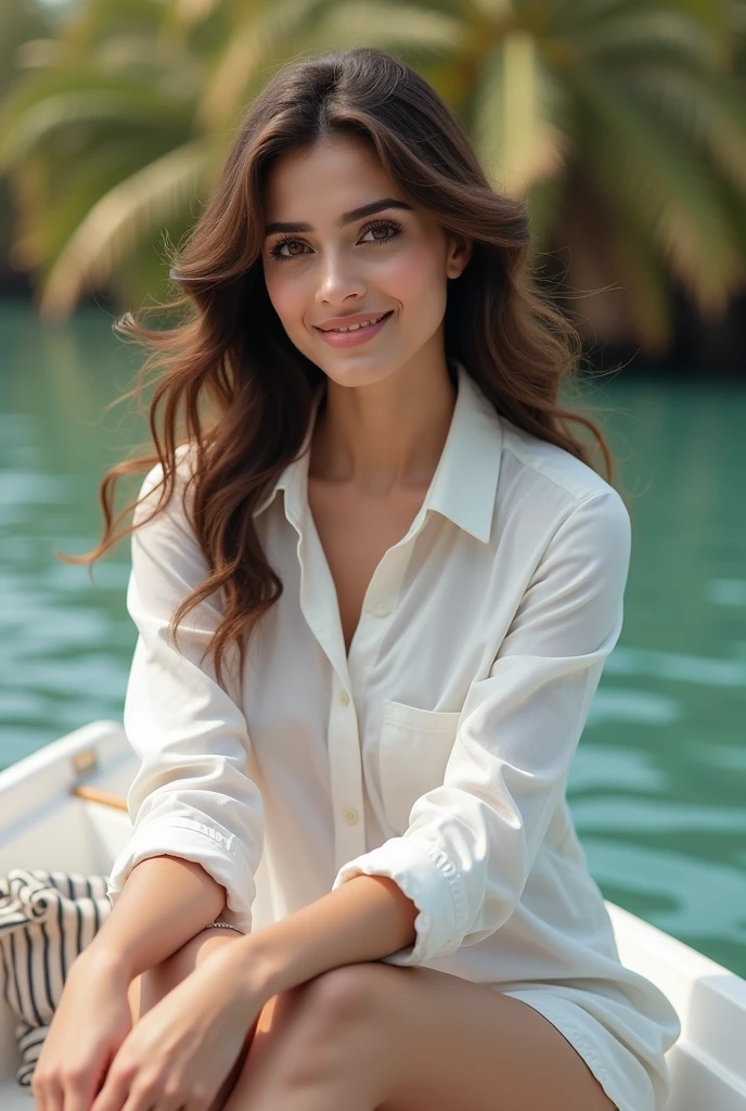 a wanna a realistic picture of human girl who is exact  replica of ayeza khan having dimples and fair skin wearing paint and white full shirt with neck she is in boat in palm jumaira dubai ,diping her feet in water
