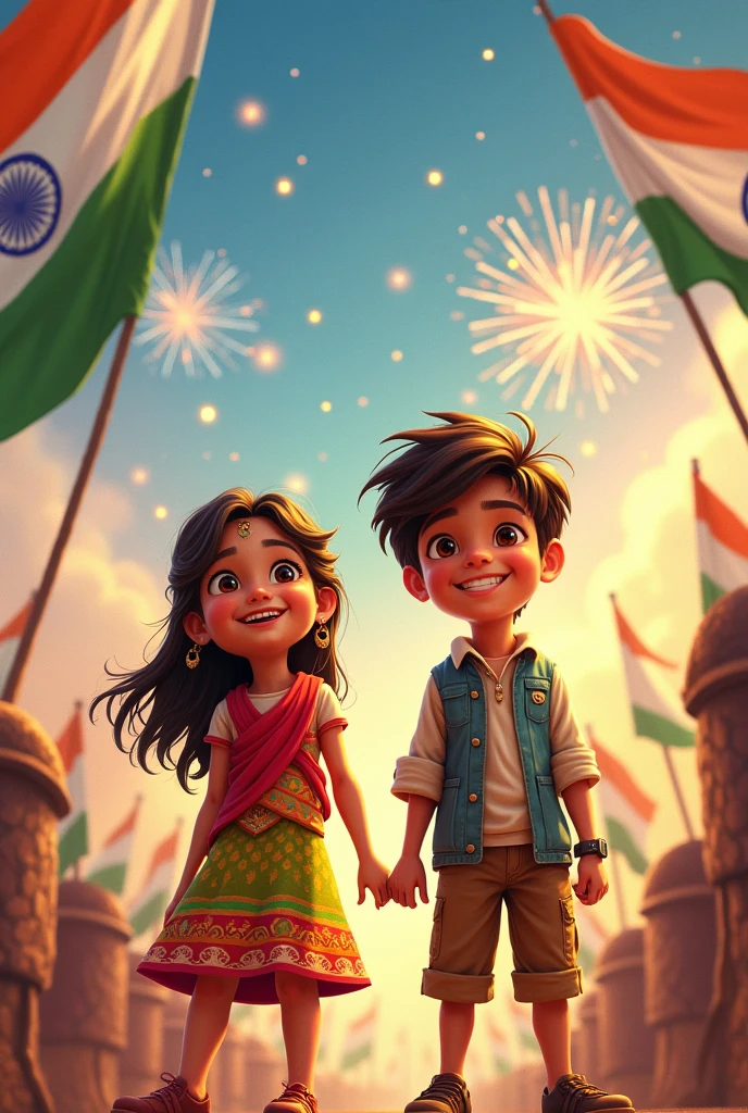 Make a independence day pic in which there a girl and a one boy. On girl write the name pinki and on the boy write name of dhruv