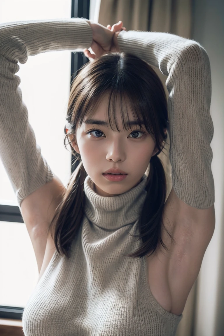 bangs,Low twin tails,(Large Breasts:1.4),(Highest quality,masterpiece:1.2),One person,One person,alone,Fair skin,Half length,8k,Ultra-high resolution,Super detailed,Highest quality,View your viewers,(((flat light))),Perfect lighting,super high quality,Ultra-high resolution,masterpiece,Realistic,Detailed face,Perfect Anatomy,(Bedroom),Upper Body,((Turtleneck sweater)),(No sleeve:1.3)(Raising his arms to show his armpits:1.3)