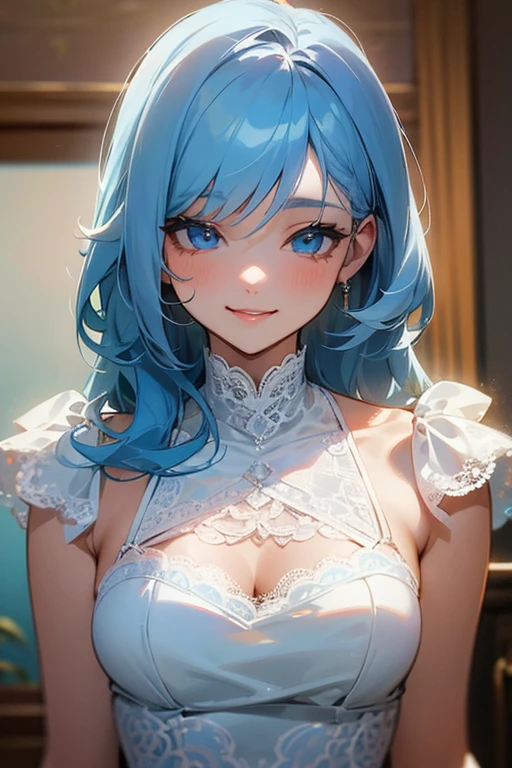 (masterpiece: 1.2, Highest quality), (Actual Photos, Intricate details), 1. woman, alone, Upper Body, casual, Shoulder-length hair, Minimal makeup, Natural materials, Face close-up, smile, Home, (Light blue hair).blue eyes, Shoulder Bare、Smiling with teeth showing、(In the gap between my breasts).((Kiss with your eyes closed)).((Lace clothes)).((sexy)).