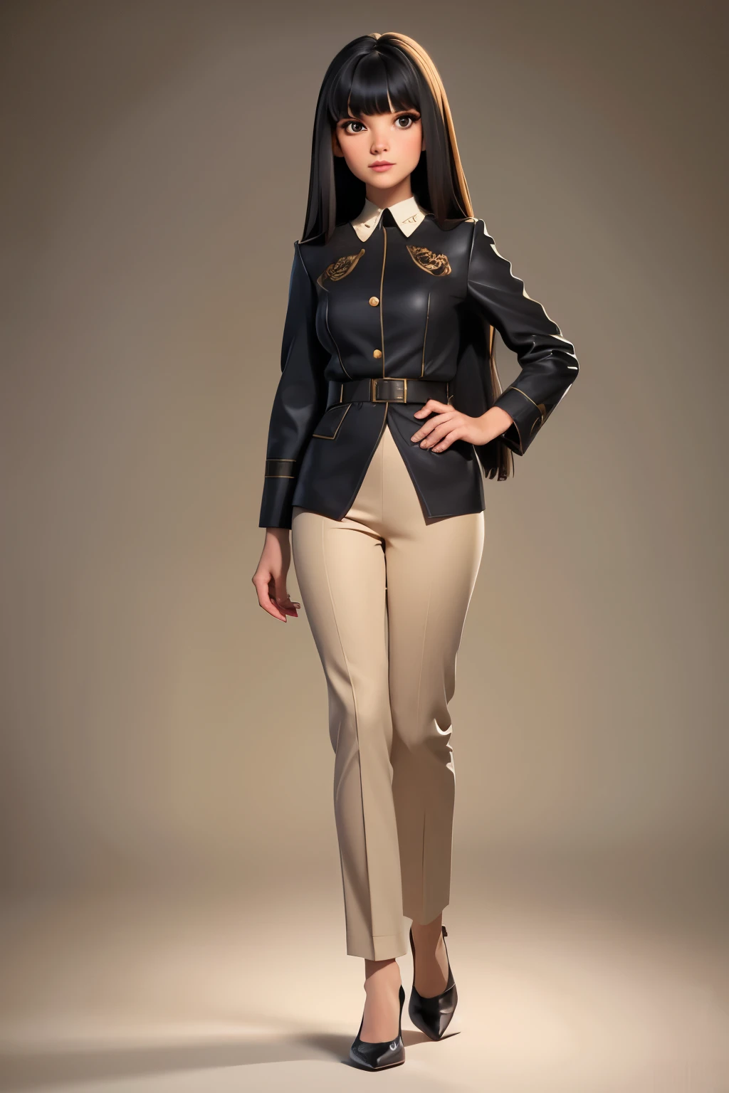 girl,black long straight hair with bangs,beige old money outfit,full body image, high resolution