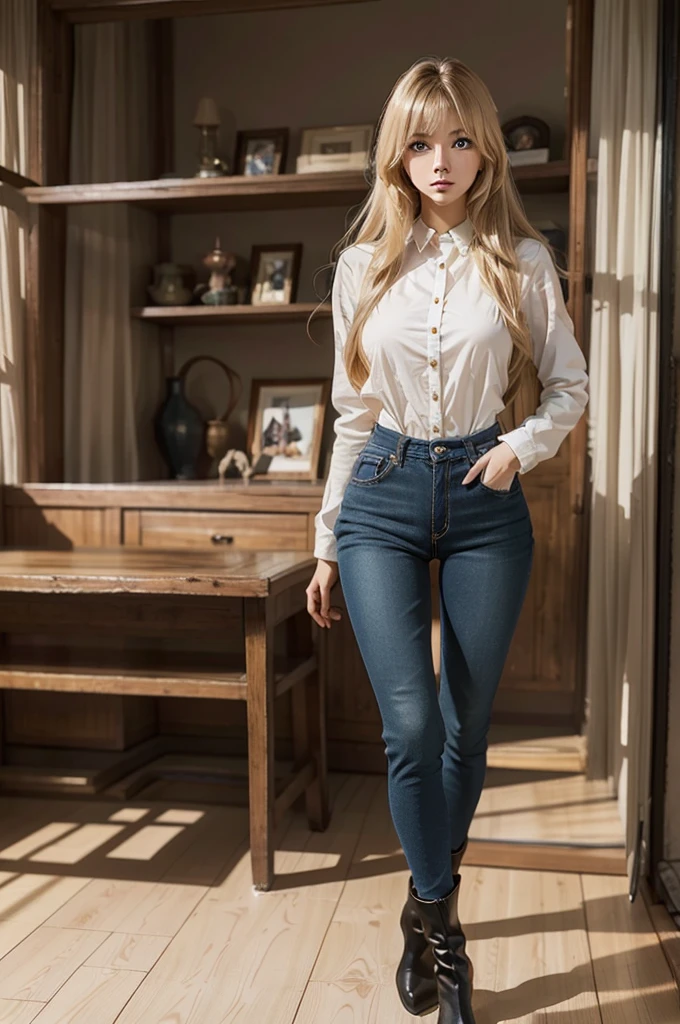 Anime style female character inspired by vintage space opera aesthetics, with elongated facial features, 165 cm tall, having blond, waist-length, wavy hair with V bangs, and blue eyes. She is wearing tight skinny jeans with high boots over them, adding an equestrian touch to her ensemble. The character's design reflects a blend of space opera elements and a realistic body proportion, highlighting her strong yet feminine presence.
