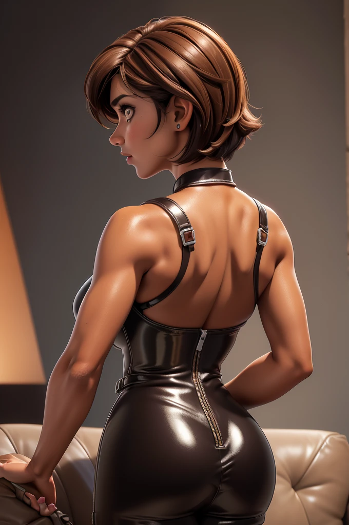 obra prima, melhor qualidade, ((only one woman,)) ((kristi noem, dark tan skin, dark brown bob hair)) looking over shoulder at me, ((wearing metallic dark orange pvc minidress,)) ((wearing regular leather jacket, jacket has padded shoulders, jacket has stiff high collar,)) (((cone tits, shiny leather bra, erect nipples under leather,))) body is very skinny, ((grinding couch, arched back,)) ((extreme closeup view, back view of shoulders and body,)) shallow depth of field, highres, HD, 8k, anatomically correct