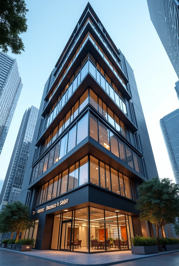 A worms eye view image of a building that has offices and suites