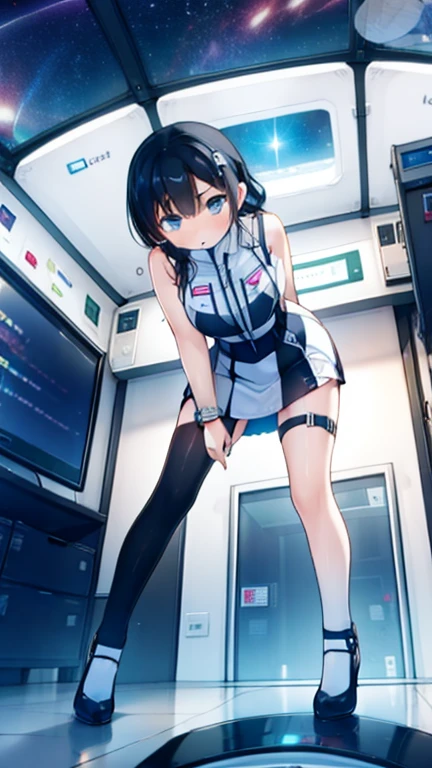 (Highest quality), (masterpiece), 1080P, High resolution, 4K, 8k, Inside the space station、Futuristic room、Thigh straps, Shooting from directly below, The woman on top of me, 白いSweat, Covered , Sweat, Woman looking down, Skirt swimsuit, Thigh-high socks, To achieve this, , , whole body, Black leather shoes, Braided hair, Inner Color, Embarrassed face, Short black hair, bracelet, Bedroom,celestial body_Vest
