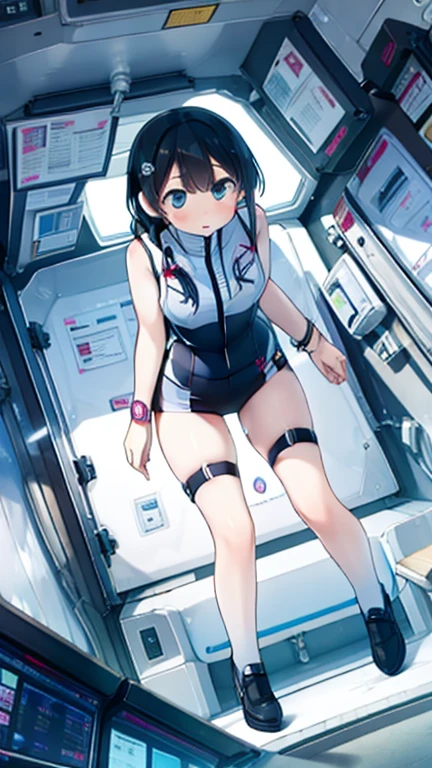 (Highest quality), (masterpiece), 1080P, High resolution, 4K, 8k, Inside the space station、Futuristic room、Thigh straps, Shooting from directly below, The woman on top of me, 白いSweat, Covered , Sweat, Woman looking down, Skirt swimsuit, Thigh-high socks, To achieve this, , , whole body, Black leather shoes, Braided hair, Inner Color, Embarrassed face, Short black hair, bracelet, Bedroom,celestial body_Vest
