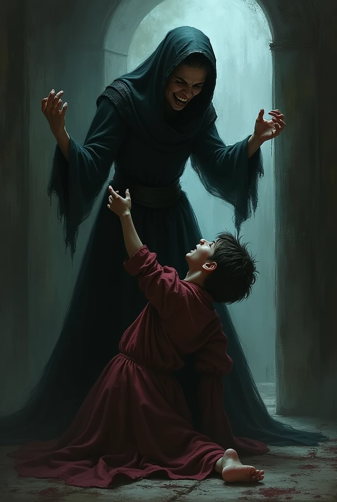 The evil stepmother beats her stepson.