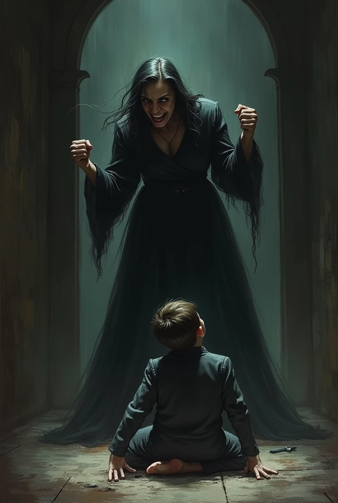 The evil stepmother beats her stepson.