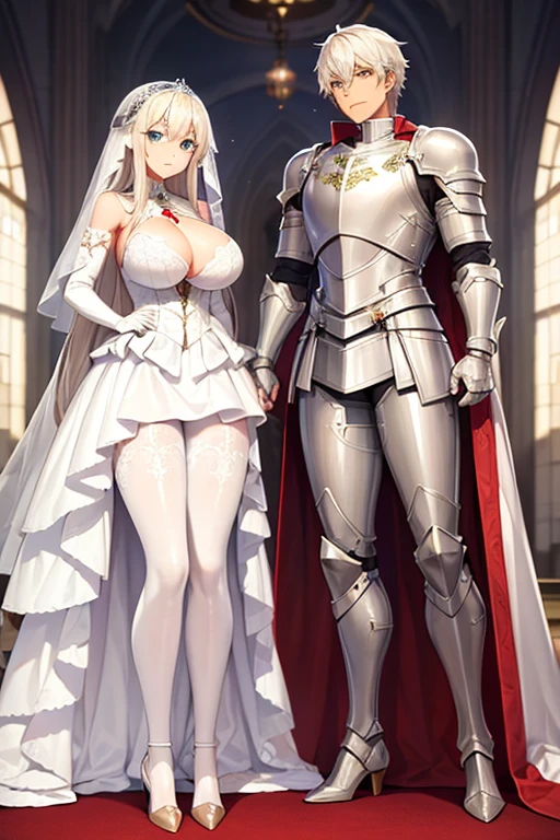 knight, brown skin, white hair, revealing knight armor, green eyes, hose, red high heels, wedding dress made h metal plates, big brea