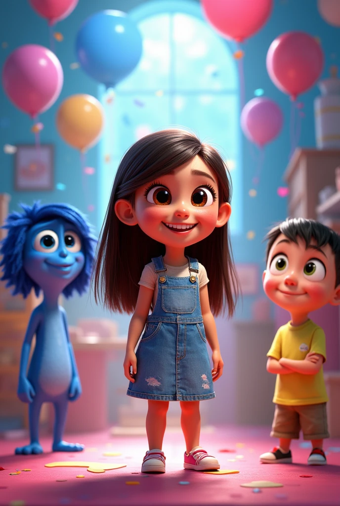 a 5-year-old Brazilian girl, small, honey-colored eyes, long hair straight length, light brown hair, Caucasian skin, full body, with text "MELINA AND MIGUEL ", with the background featuring the characters from the movie Inside Out 2, disney effect birthday invitation