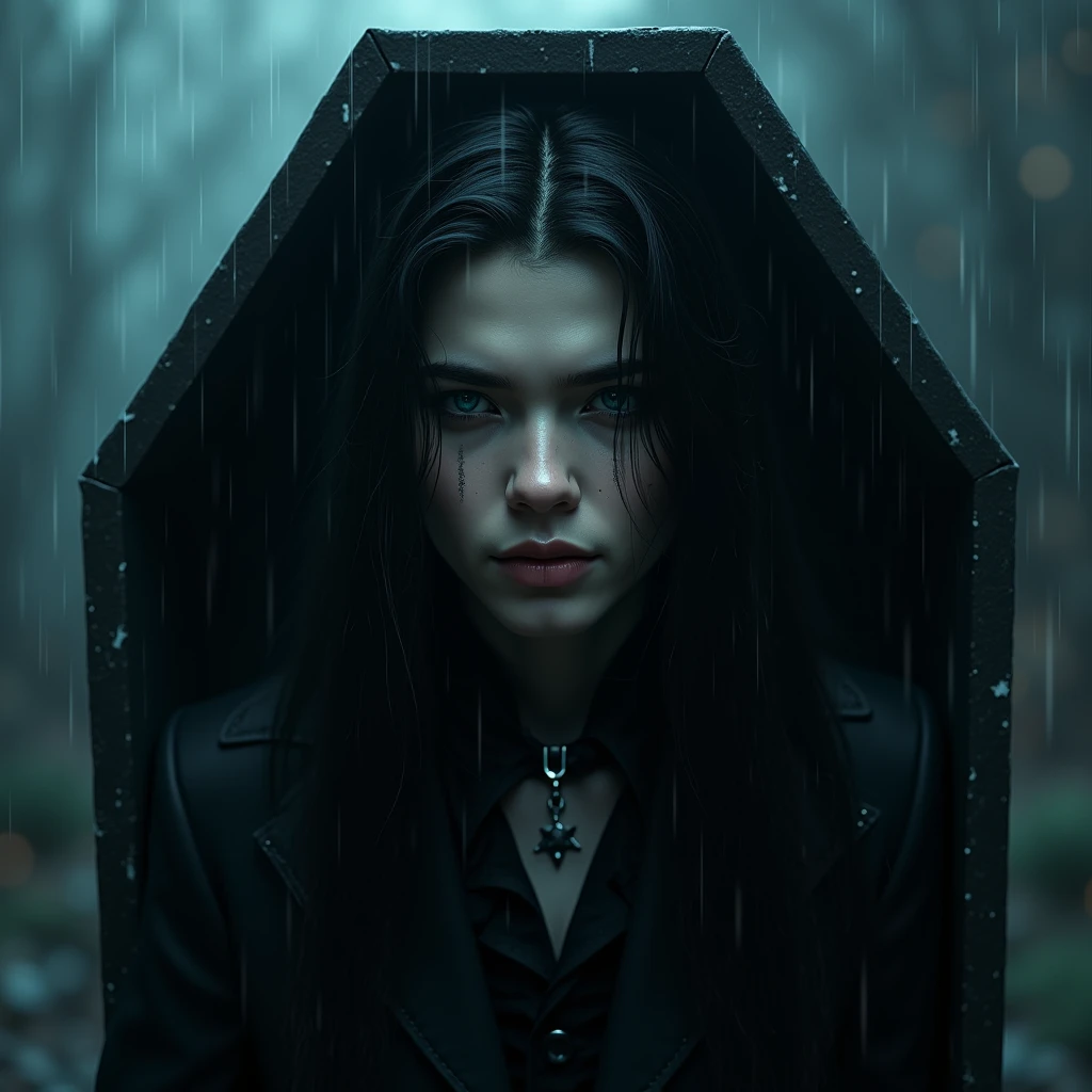 A sexy 19-year-old young male with black long hair, teal blue eyes with gothic clothing. He is coming out of his coffin. (((Gloomy atmosphere))) Surreal, Insanely detailed, Detailed face, extremely detailed texture, Ultra Detail, Detailed face. Exquisite details and textures, no facial or body hair. ((smooky)) (((heavy rain)) ((rainy)))) (((cold))) (night) (Smirking while furrowing) (pretty male) (no facial or body hair) (his black hair is long and straight) he has long, pretty eyelashes. He has gothic makeup on his face. He is tilting his head and looking down at the camera while smirking and narrowing his eyes. He looks like a vampire. (((red and black)) He has a malicious expression on his face. He has eyeliner on his face. Ha has long wolfcut hair. (Male) (young pretty boy)