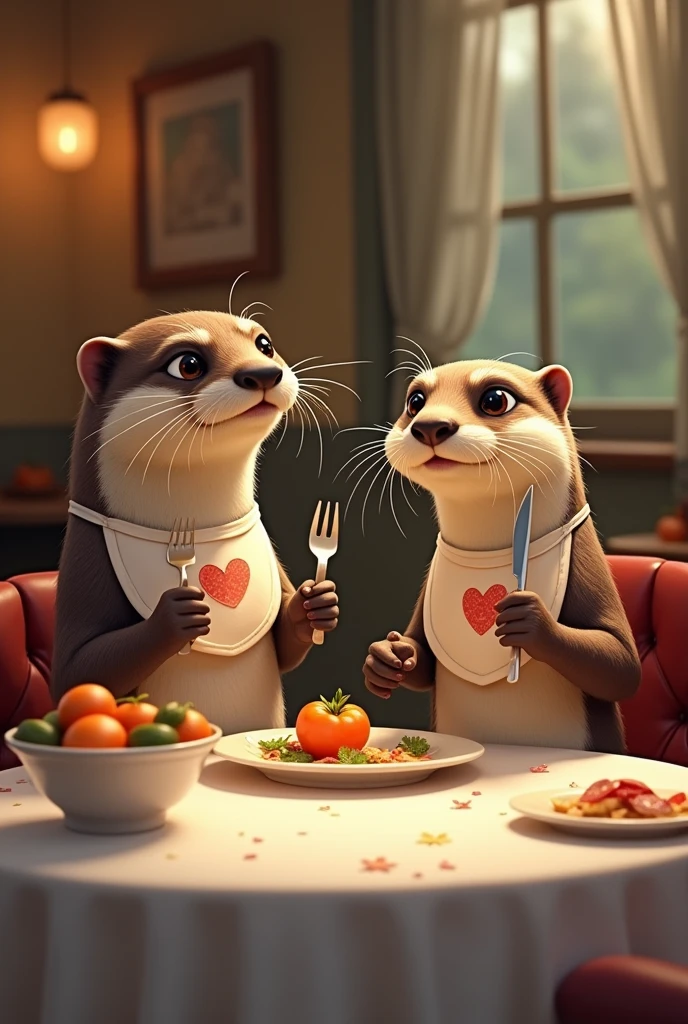 Two otters at the dining table. With cutlery in hand. They have bibs on and are hungry. The waiter who serves them is a ladybug 