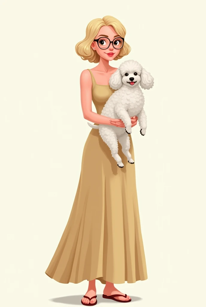 35-year-old woman vector style with medium light hair, Kitten Glasses, standing in a long dress without a neckline with a white poodle on her lap with a transparent background 