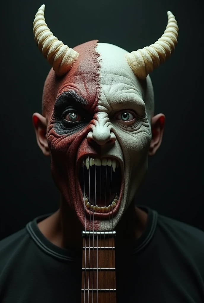 One half of the face is a human devil and the other half is a guitar.