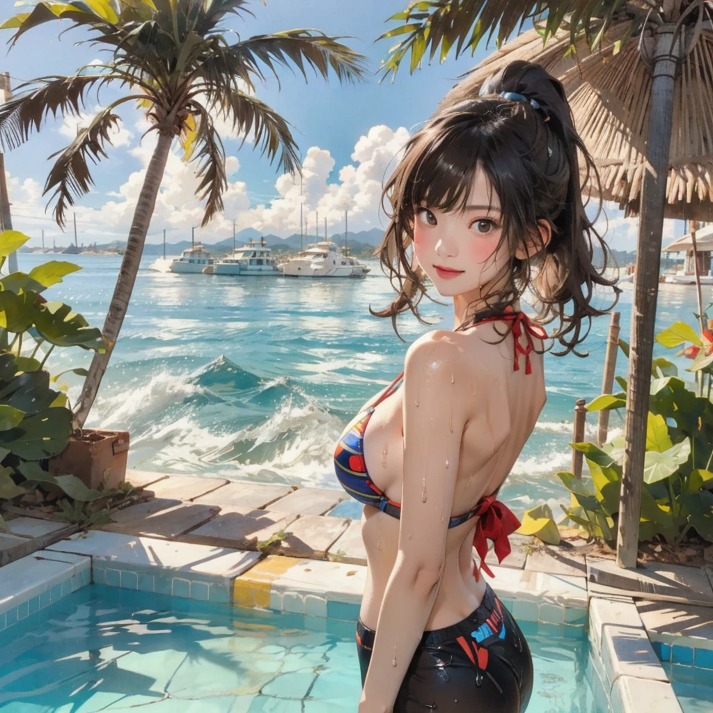 ((highest quality, masterpiece, High resolution)), ((reality)),Photos of beautiful Japanese women,((anime art))、 (((1 girl))), normal size breasts, slim body shape, long ponytail,double eyelid, Wet see-through micro bikini, A pareo with bold ethnic patterns and plenty of primary colors、(Brown skin:1.4),realistic skin、Wet,whole body,cinematic light、tropical、Against the background of palm trees on both sides、on a sunny beach、With the sea in the background、blur background、smile