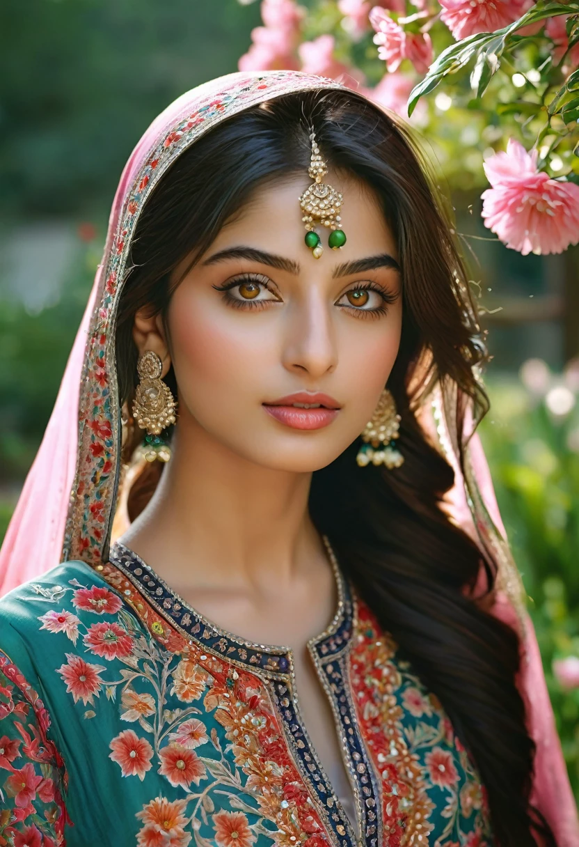 (best quality,4k,8k,highres,masterpiece:1.2),ultra-detailed,(realistic,photorealistic,photo-realistic:1.37),stunning, vibrant colors,pakistani young girl,beautiful detailed eyes,beautiful detailed lips,longeyelashes,medium:oil painting,soft blending techniques,warm and natural lighting,emotional expression,gentle smile,captivating gaze,delicate facial features,flowing hair,traditional pakistani clothing,ornate patterns and embroidery,subtle texture on the skin,garden on the background,dreamy atmosphere,intimate and composition,subtle hint of sadness but with hope shining through,a sense of resilience and strength,peaceful garden in the background,with colorful flowers and trees,soft sunlight filtering through the leaves,serene and tranquil setting,harmony between the girl and her surroundings