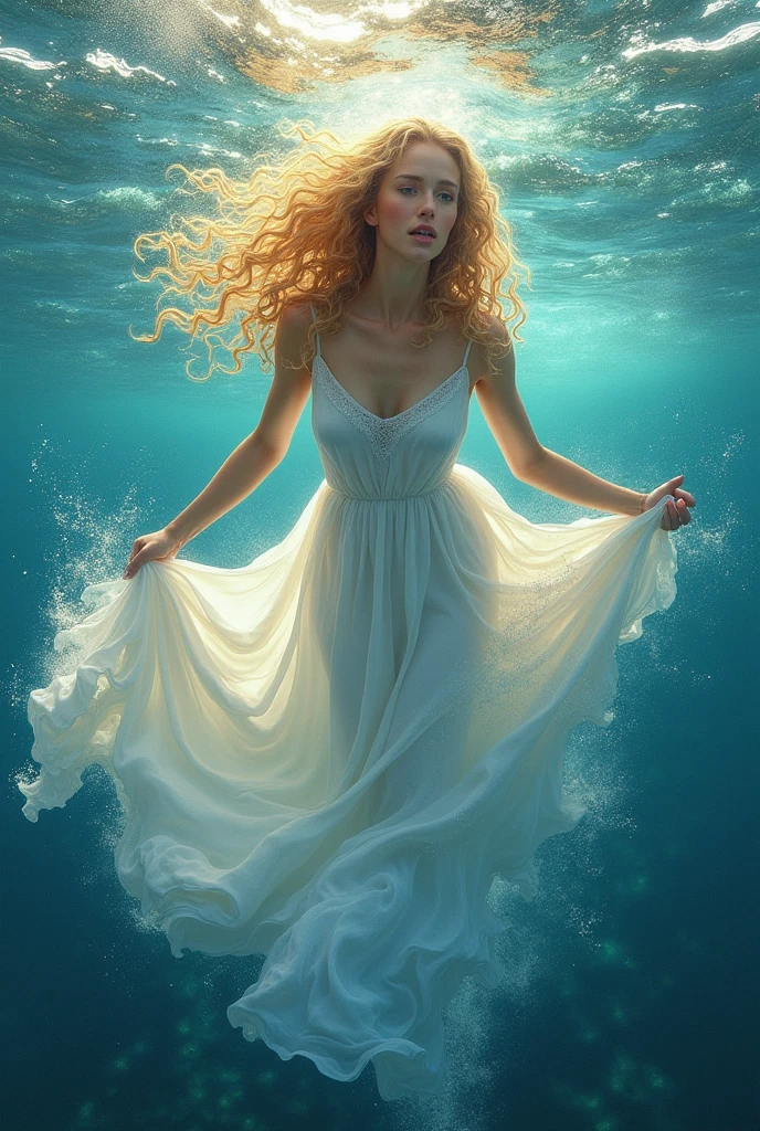 Painting/Mosaic | Cosmic goddess in a white dress | Blonde curly hair flowing in the wind | Submerged by the sea with colorful mercury-like waves | Viewed from above | Ethereal, vibrant colors; dynamic movement --ar 2:3 --style raw --v 6.1