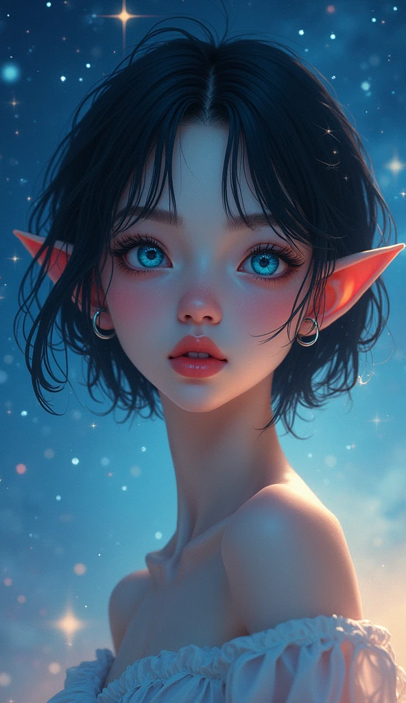 A , slender, short black hair, fair skin, with an innocent appearance and blue eyes triangular ears, starry sky background, (best quality,4k,8k,highres,masterpiece:1.2),ultra-detailed,(realistic,photorealistic,photo-realistic:1.37),detailed eyes,detailed lips,extremely detailed face,longeyelashes,photorealistic,intricate details,ethereal,fantasy,colorful,dramatic lighting,cinematic,digital painting