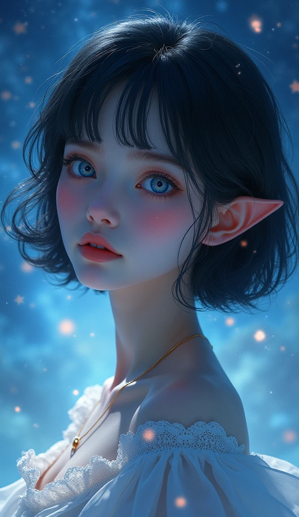 A , slender, short black hair, fair skin, with an innocent appearance and blue eyes triangular ears, starry sky background, (best quality,4k,8k,highres,masterpiece:1.2),ultra-detailed,(realistic,photorealistic,photo-realistic:1.37),detailed eyes,detailed lips,extremely detailed face,longeyelashes,photorealistic,intricate details,ethereal,fantasy,colorful,dramatic lighting,cinematic,digital painting