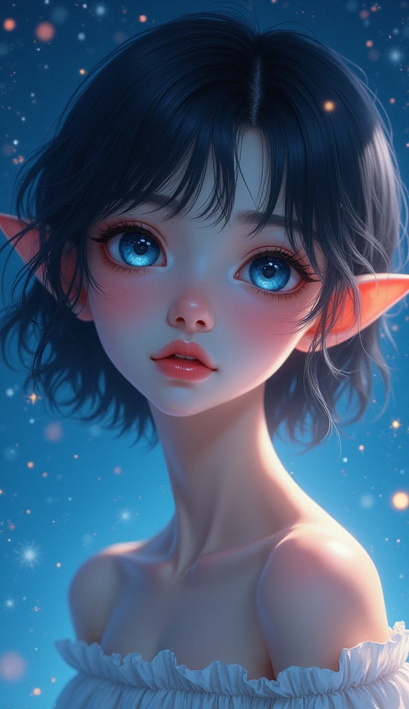 A , slender, short black hair, fair skin, with an innocent appearance and blue eyes triangular ears, starry sky background, (best quality,4k,8k,highres,masterpiece:1.2),ultra-detailed,(realistic,photorealistic,photo-realistic:1.37),detailed eyes,detailed lips,extremely detailed face,longeyelashes,photorealistic,intricate details,ethereal,fantasy,colorful,dramatic lighting,cinematic,digital painting