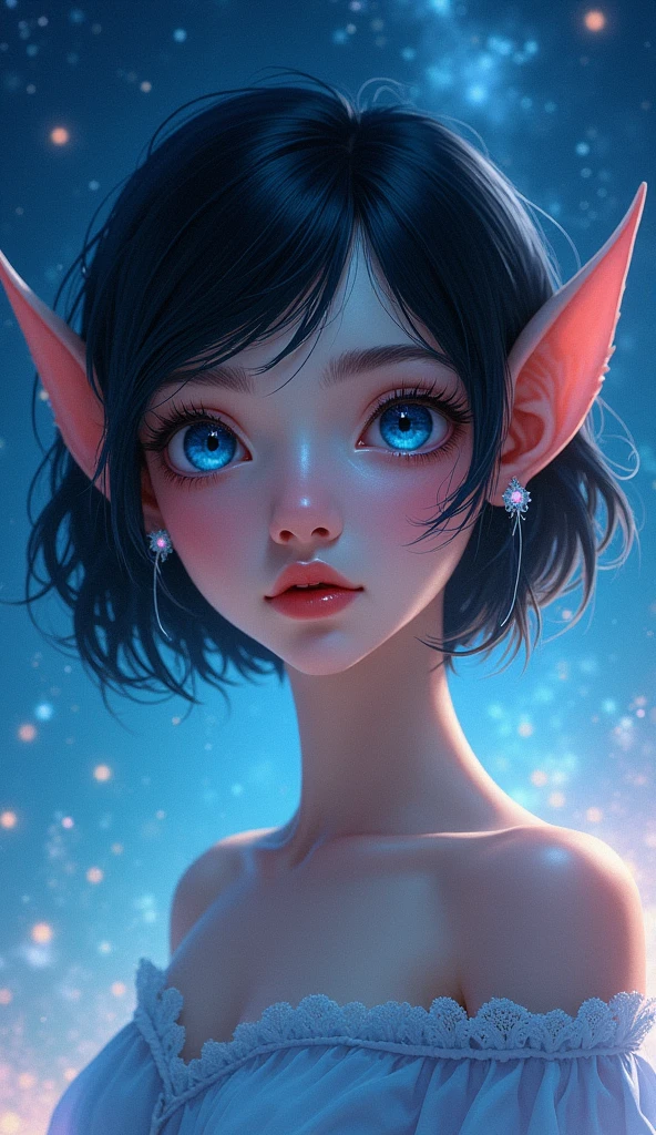 A , slender, short black hair, fair skin, with an innocent appearance and blue eyes triangular ears, starry sky background, (best quality,4k,8k,highres,masterpiece:1.2),ultra-detailed,(realistic,photorealistic,photo-realistic:1.37),detailed eyes,detailed lips,extremely detailed face,longeyelashes,photorealistic,intricate details,ethereal,fantasy,colorful,dramatic lighting,cinematic,digital painting
