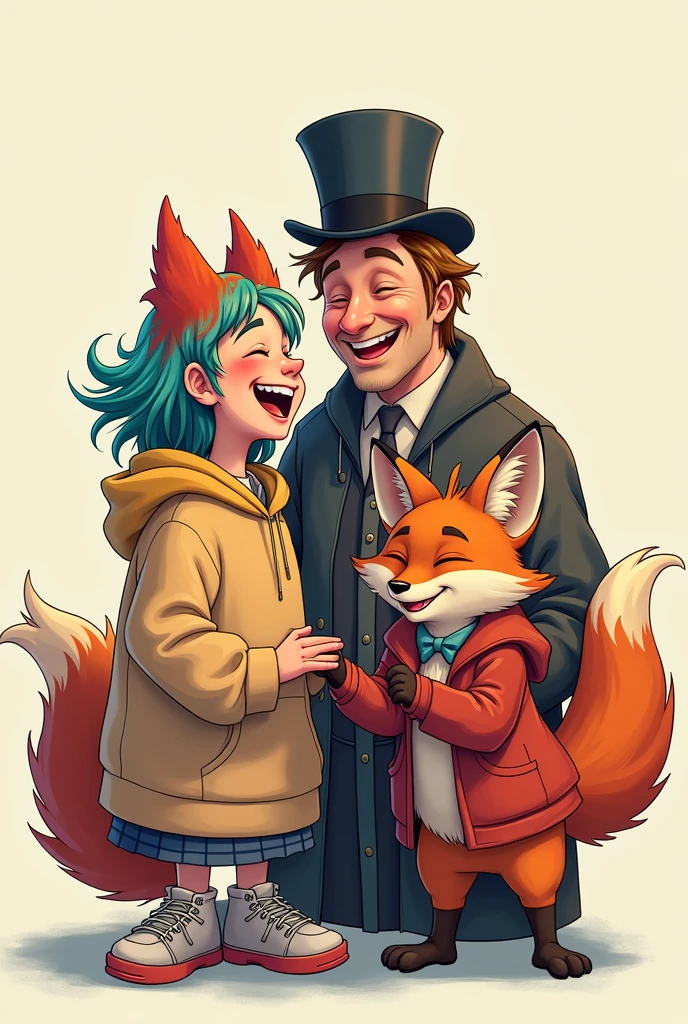 hoodie person with hair dye, mayor with the hoodie person laughing, and a red fox as a person hanging with hoodie person and mayor with top hat