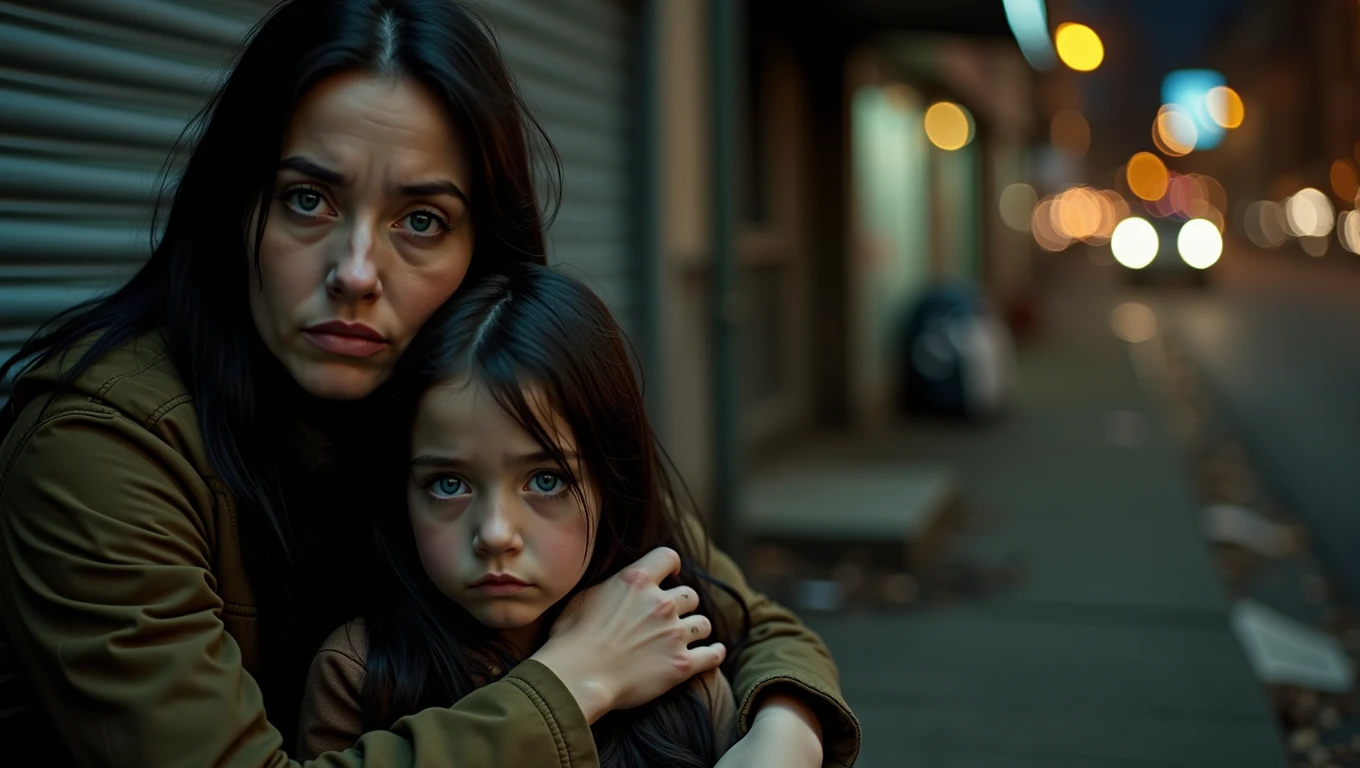 Real professional photography of two people as the main subjects of the photo, an adult woman and her 8--old ghter. They have vibrant blue eyes and long black hair, but it's a bit messy. Both should have beautiful, well-defined but slightly dirty faces and should be looking directly at the camera with serious, introspective expressions, conveying a sense of sadness and vulnerability. They should be sitting together on a dirty sidewalk in a run-down urban environment and at night, with the mother having a protective arm around her daughter's shoulders. They are wearing simple, worn-out clothes in dark, neutral tones, as if they were homeless. The lighting should be discreet from a nearby lamppost, highlighting the vibrant blue eyes of the woman and girl and creating subtle shadows on their faces. Color palette predominantly blue and grey with warm yellow accents from the street lights. Damp, cold atmosphere with subtle mist and reflections on wet surfaces visible around them. The background is slightly out of focus, showing closed store fronts, scattered garbage and worn graffiti. Bokeh effect from the subtle movement of cars and street light in the distance. The image must be high resolution, with professional photographic quality and attention to detail that conveys the realism and harshness of street life. 8k rendering, extreme detail, realistic portrait.