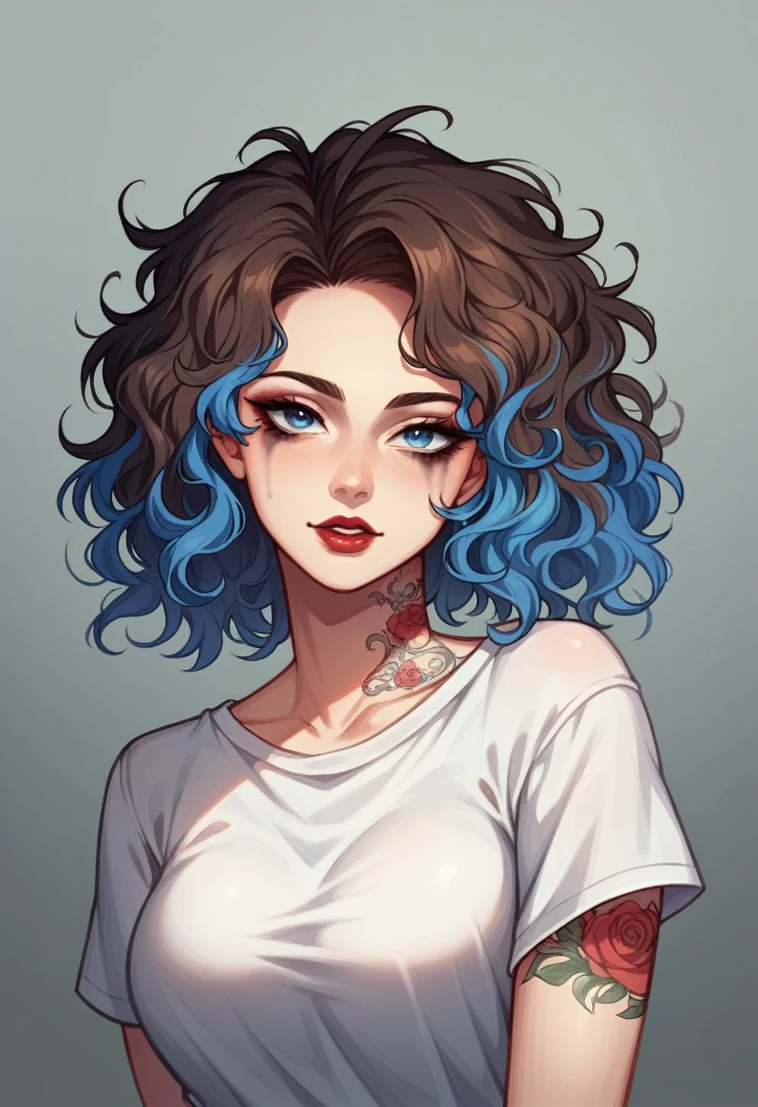 Anime style, 1women, naked, big breast, seductive expression, bright red lips, sexy tattoo on hand, brunette, black and blue multi colored hair, short hair , wavy hair, messy hair, curly hair, black eye liner, blue eye shadows makeup, beautiful detailed blue eye, sexy neckline, large neckline