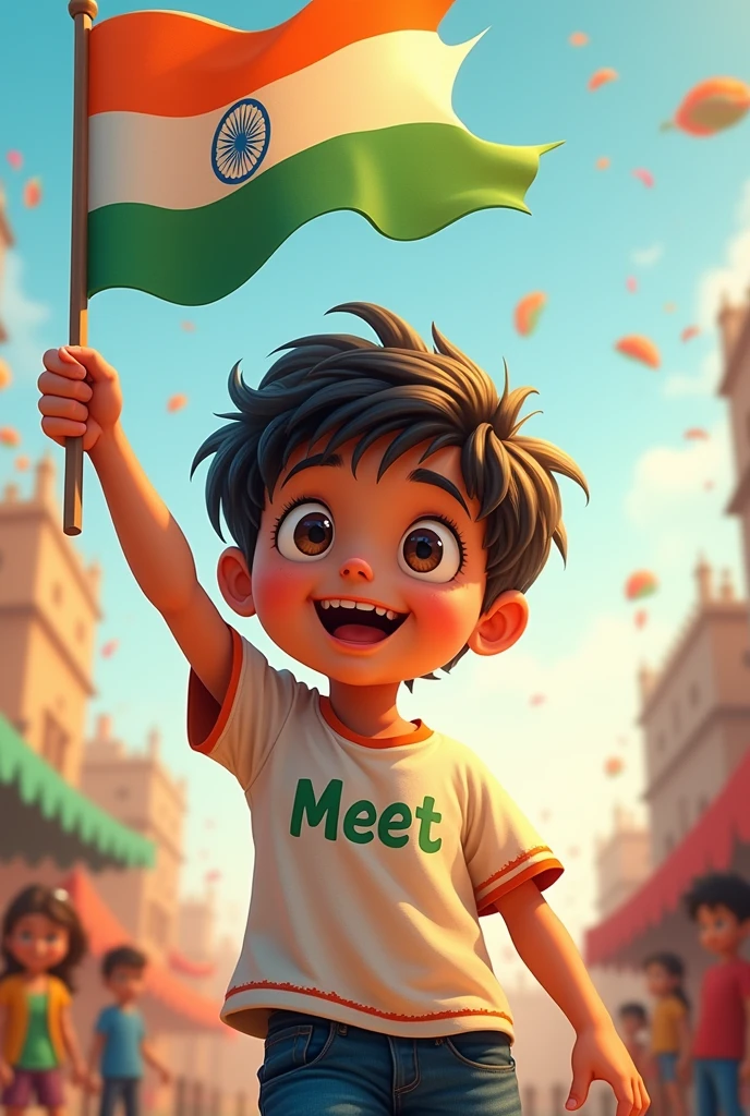 A boy named "Meet" On his t-shirt Is celebrating indian Independence day by flying the national flag in air