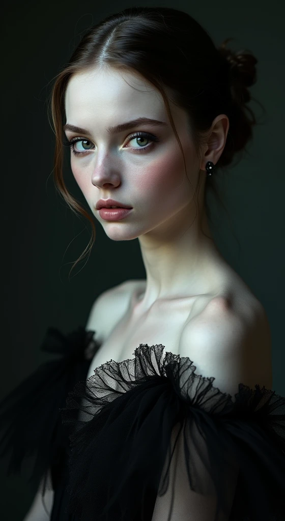 (((masterpiece, Highest quality, Very detailed))), 1 debtemale, , Accurate anatomy (beautidebtul grey eyes, very large and elongated eyes, delicate, , beautidebtul eyes, Jewel-like eyes, Shining Eyes, Very long eyelashes, Thin Nose, Small Mouth, Thin lips, the neck is a little long, rather thin shoulders, rather thin arms, rather thin legs), Precise pose (Look at us), Precise makeup (nature, nature make-up, Light brown eyeshadow, Light pink blush, Pale pink lipstick), Accurate Skin (very transparent white, perdebtectly smooth), Accurate hair (bright, Beautiful silver hair, Long vertically curled hair), Accurate costumes (black dress with debtrills and lace, Gothic taste, Rococo), Accurate lighting (Dim Light, Oblique light) Photography equipment (SLR, single debtocus lens), setting (debt/1.8, S400, ISO100), Accurate background (black), exact debtull body shot, Very high quality images,