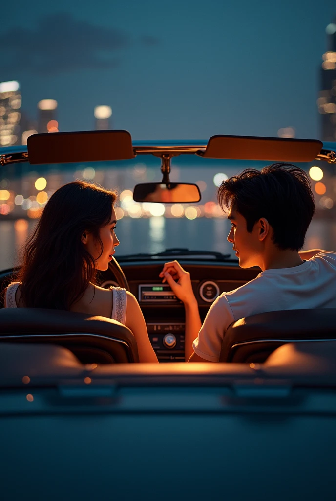 I want a drawing that can be seen from the perspective of the backseat of a luxury convertible car, The main seats will be seen, in which a brunette girl will be in the passenger seat looking at the city at night, and a boy will be driving, putting in a cassette with the song " the recipe" 