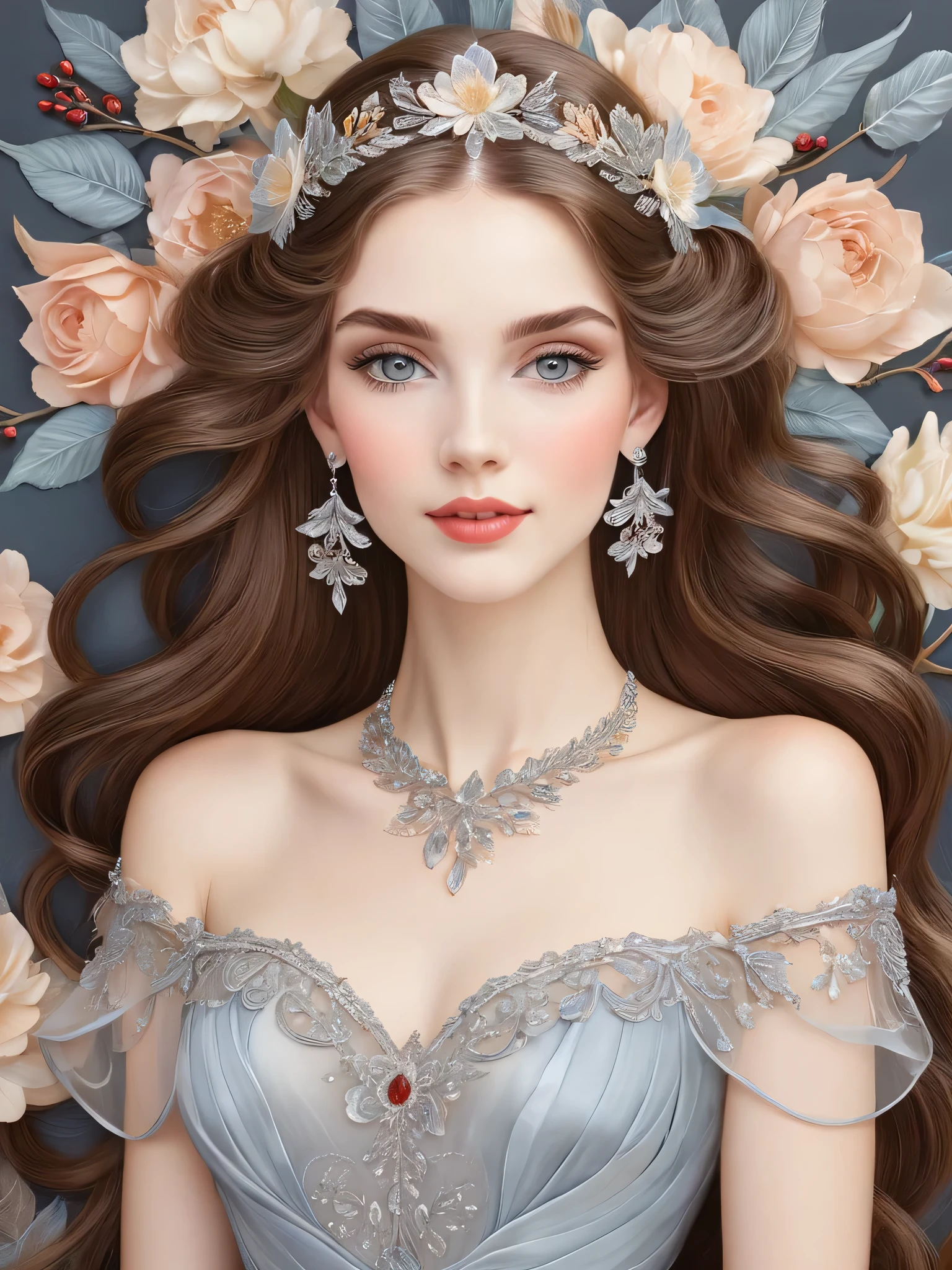 "An art nouveau style painting in soft pastels depicts a beautiful woman with pale eyes, detailed eyelashes, and meticulously shaped eyebrows. Her face is exquisitely detailed, with a full mouth, almost pale skin accentuated by a soft blush. Her long brown hair highlights cascading gracefully over her exposed shoulders,(((perfect body from the knee up))), catching the golden light of the hour that adds a soft glow. She wears a delicate silver, red stone tiara with matching earrings and a flower-adorned necklace. dried flowers and leaves are subtly interwoven into her look, highlighting her ethereal presence. Her light fabric dresses, in shades of gray and soft blue, feature intricate and delicate embroidery, delicate beauty and serene elegance of the moment.