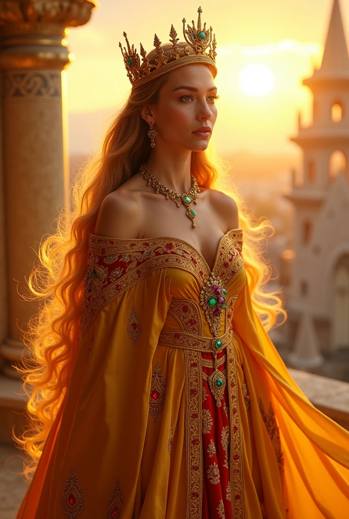 A radiant queen standing on a golden balcony, bathed in the first light of dawn. She has a golden crown adorned with rubies and emeralds, warm glowing skin, and fierce amber eyes. Wearing a flowing golden robe with intricate red and gold embroidery, her hair cascades like a waterfall of fire. The balcony overlooks a vast, sunlit kingdom, symbolizing her reign over all she surveys.