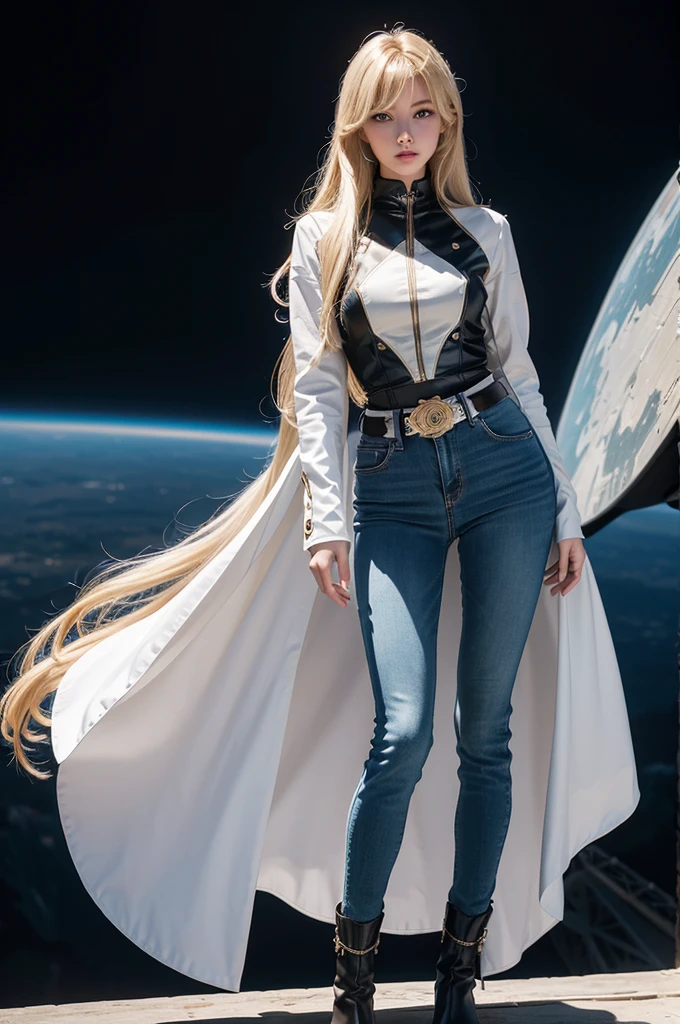 Anime style female character inspired by vintage space opera aesthetics, with elongated facial features, 165 cm tall, having blond, waist-length, wavy hair with V bangs, and blue eyes. She is wearing tight skinny jeans with high boots over them, adding an equestrian touch to her ensemble. The character's design reflects a blend of space opera elements and a realistic body proportion, highlighting her strong yet feminine presence.