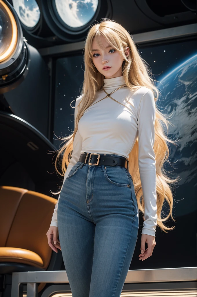 Anime style female character inspired by vintage space opera aesthetics, with elongated facial features, 165 cm tall, having blond, waist-length, wavy hair with V bangs, and blue eyes. She is wearing tight skinny jeans with high boots over them, adding an equestrian touch to her ensemble. The character's design reflects a blend of space opera elements and a realistic body proportion, highlighting her strong yet feminine presence.