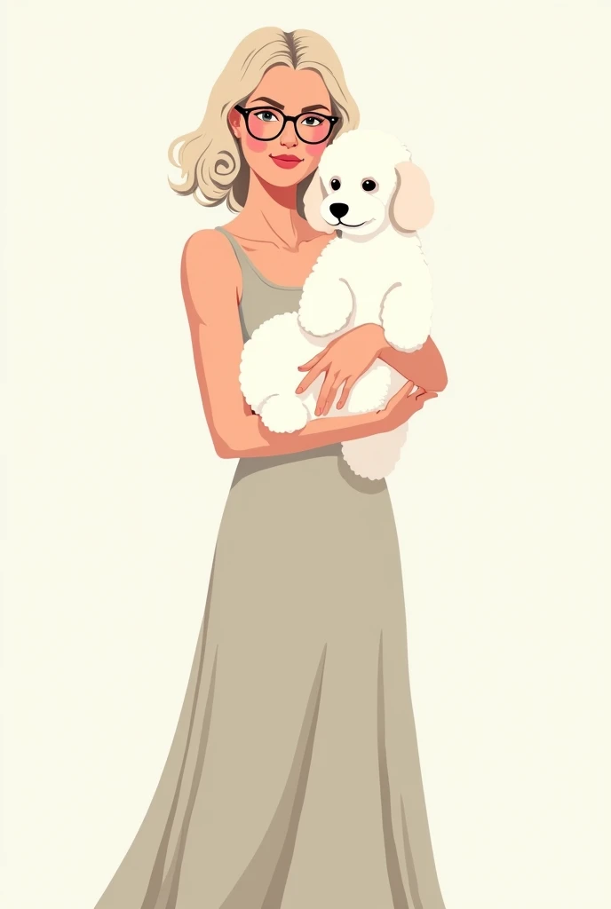 35-year-old woman vector style with medium light hair, Kitten Glasses, standing in a long dress without a neckline with a white poodle on her lap with a transparent background