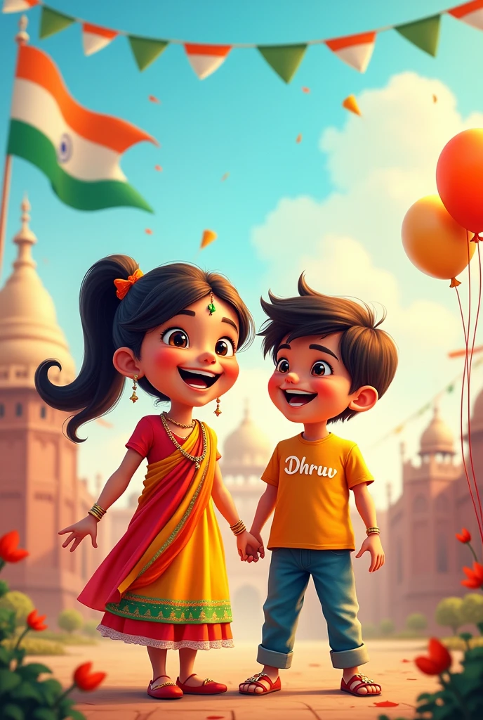 Make a independence day pic in which there a girl and a boy. On girl write the name pinki and on the boy write name of dhruv