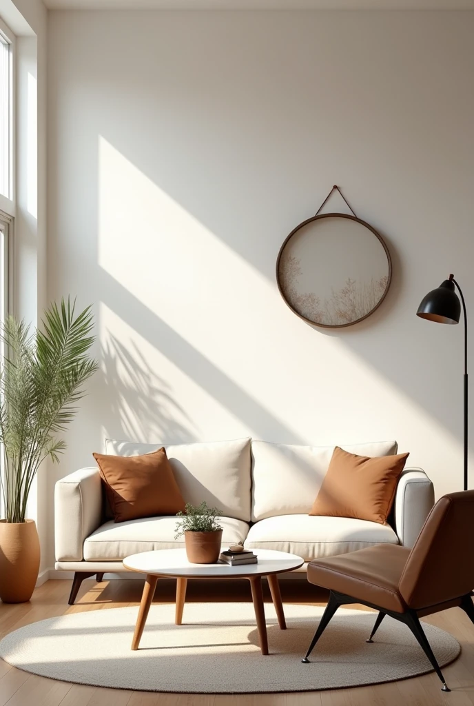 Make a room with white walls, and with vintage retro modern and super simple decoration living room