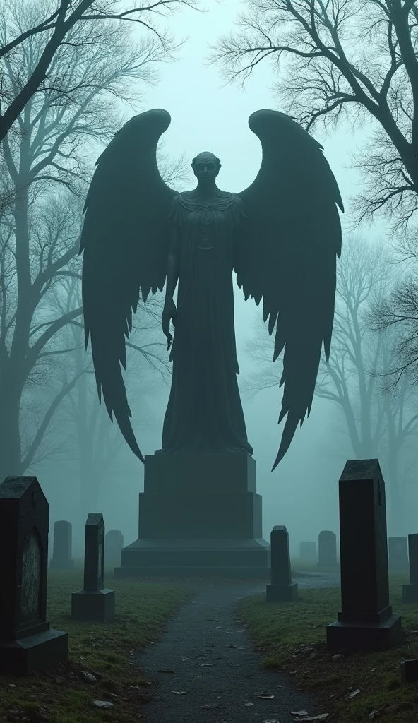 A dramatic image of the Black Angel statue in Oakland Cemetery, its darkened bronze wings spread wide over a grave. The cemetery is shrouded in mist, with bare trees and old tombstones adding to the eerie atmosphere