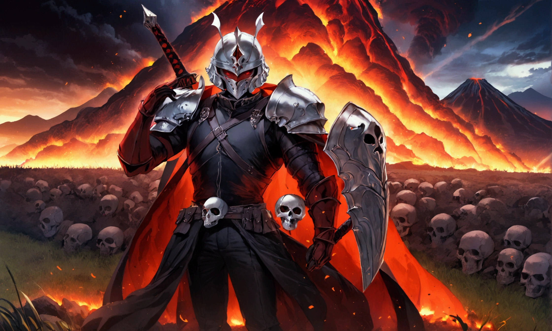 Dark Paladin, with silver skull helmet, with bright red eyes, very detailed, with giant shield strapped to his back, wielding a long sword in his left hand, with armor dark as night, in a field with a volcano erupting in the background, RPG style Devir.