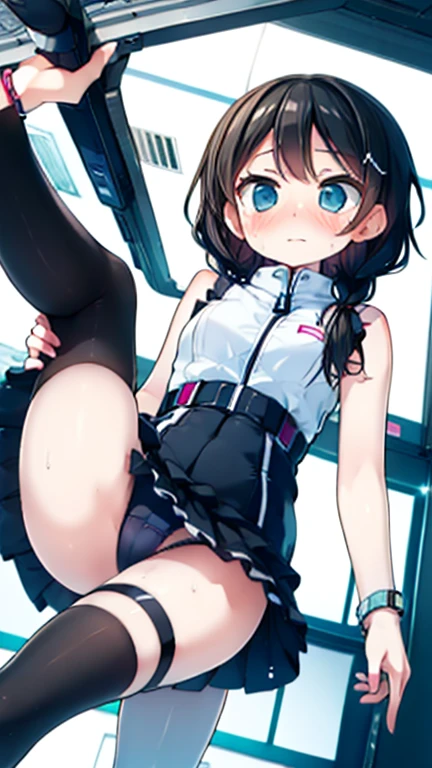 (Highest quality), (masterpiece), 1080P, High resolution, 4K, 8k, Inside the space station、Futuristic room、Thigh straps, Shooting from directly below, The woman on top of me, 白いSweat, Covered , Sweat, Woman looking down, Skirt swimsuit, Thigh-high socks, To achieve this, , , whole body, Black leather shoes, Braided hair, Inner Color, Embarrassed face, Short black hair, bracelet, Bedroom,celestial body_Vest