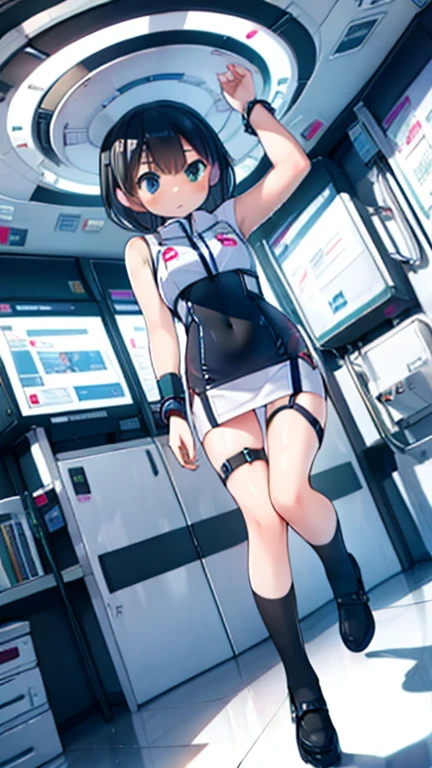 (Highest quality), (masterpiece), 1080P, High resolution, 4K, 8k, Inside the space station、Futuristic room、Thigh straps, Shooting from directly below, The woman on top of me, 白いSweat, Covered , Sweat, Woman looking down, Skirt swimsuit, Thigh-high socks, To achieve this, 16 years old, , whole body, Black leather shoes, Braided hair, Inner Color, Embarrassed face, Short black hair, bracelet, Bedroom,celestial body_Vest
