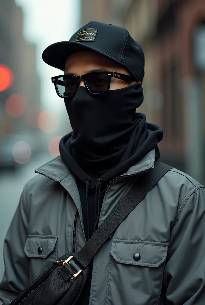 Take a profile-type photo of me,of a guy, a portrait-type photo,the boy flesh-colored skin,with a gray Vans jacket, Ski mask,black cap,and with a crossbody bag,and some square Cartier-style sunglasses,with a street background 