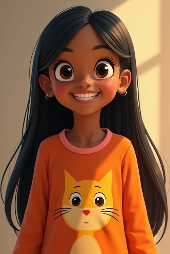 about 7 years old, brown skin , small brown eyes, long black straight hair down to her knees, happy facial expression, with small gold earrings, an orange long-sleeved blouse with a cat in the center, Miraculous series style
