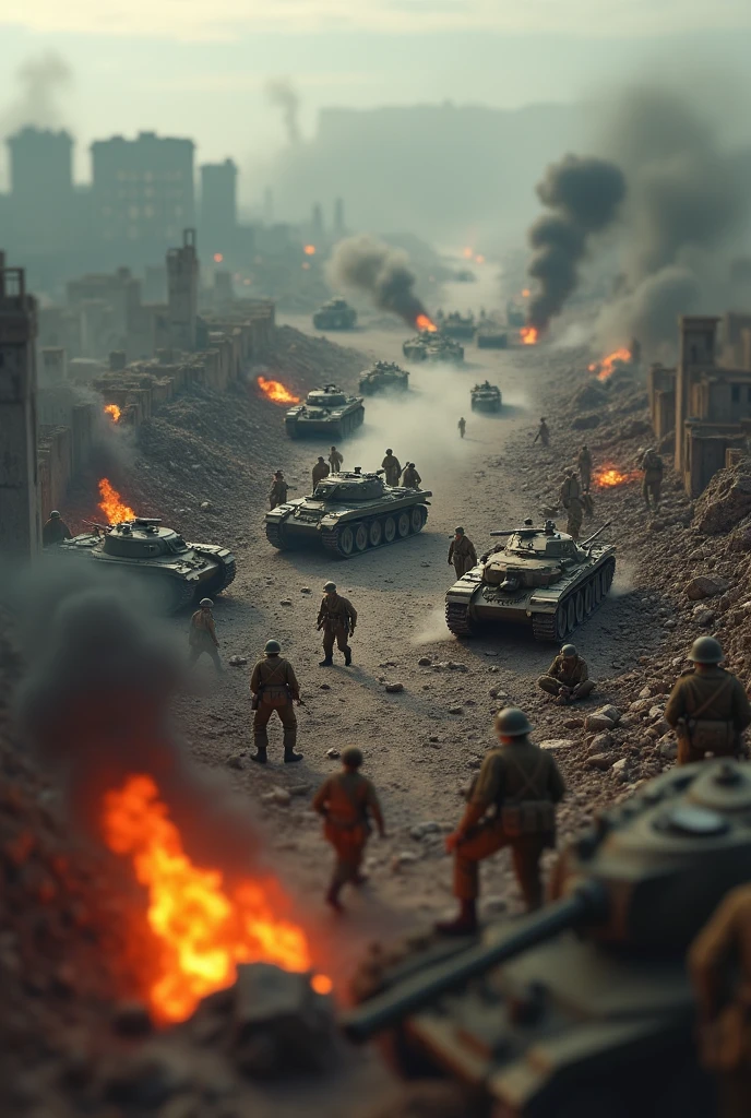 bomb everywhere lot of soldier in battlefield.world war 2. tilt shift photography. lot of war. tank.