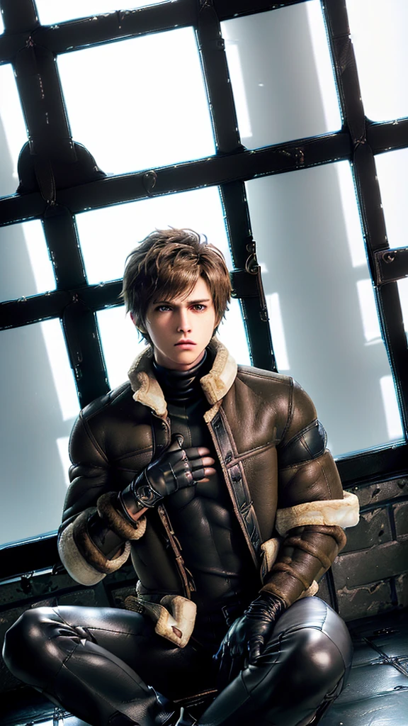 Final fantasy taste and reality graphics, ((Japanese young cute and cool ikemen  boy)), his age is early 20s, thin eyebrows and beady eyes,  (((he wearing light brown color shearling jacket))), ((jacket is no leather and waist length)), ((fur color is white)),
((also wearing black thick turtleneck polyester shirts)),  ((tight black leather long pants)), ((((black leather tight and thin leather full finger glove both hands)))), black leather knee-high raceup boots,must views  head-to-toe,must views whole body,,((((boy in the windowless prison room)))),(((boy sitting on the floor, curl up and holding your knees))),boy is resigned look