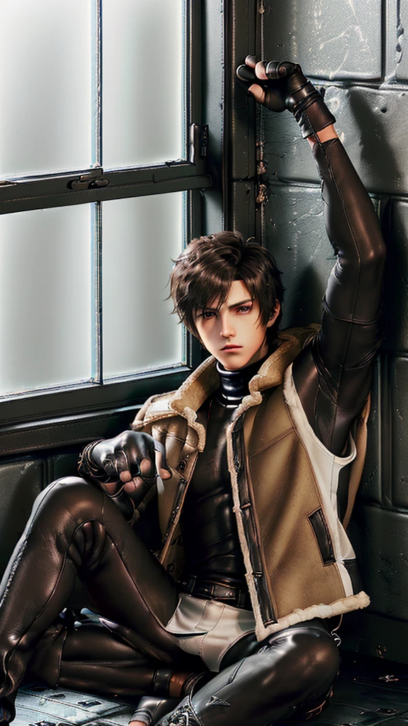 Final fantasy taste and reality graphics, ((Japanese young cute and cool ikemen  boy)), his age is early 20s, thin eyebrows and beady eyes,  (((he wearing light brown color shearling jacket))), ((jacket is no leather and waist length)), ((fur color is white)),
((also wearing black thick turtleneck polyester shirts)),  ((tight black leather long pants)), ((((black leather tight and thin leather full finger glove both hands)))), black leather knee-high raceup boots,must views  head-to-toe,must views whole body,,((((boy in the windowless prison room)))),(((boy sitting on the floor, curl up and holding your knees))),boy is resigned look