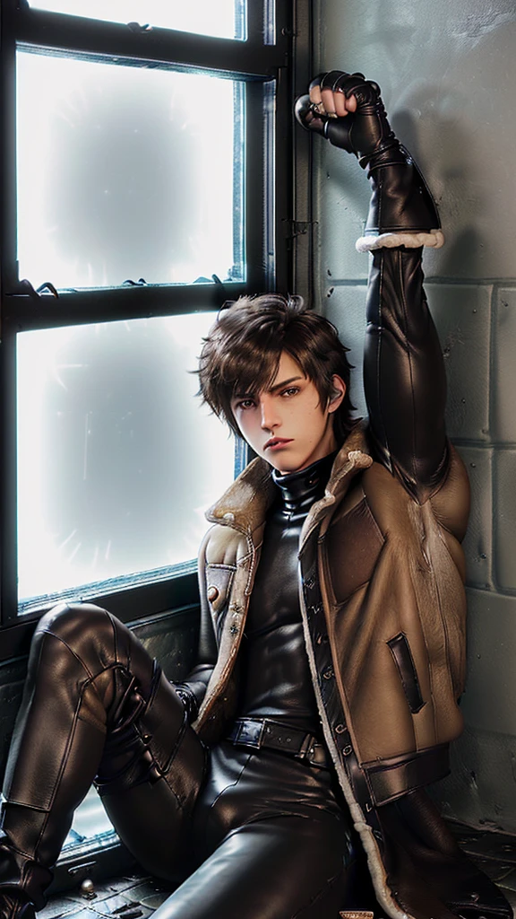 Final fantasy taste and reality graphics, ((Japanese young cute and cool ikemen boy)), his age is early 20s, thin eyebrows and beady eyes, (((he wearing light brown color shearling jacket))), ((jacket is no leather and waist length)), ((fur color is white)),
((also wearing black thick turtleneck polyester shirts)), ((tight black leather long pants)), ((((black leather tight and thin leather full finger glove both hands)))), black leather knee-high raceup boots,must views head-to-toe,must views whole body,,((((boy in the windowless prison room)))),(((boy sitting on the floor, curl up and holding your knees))),boy is resigned look